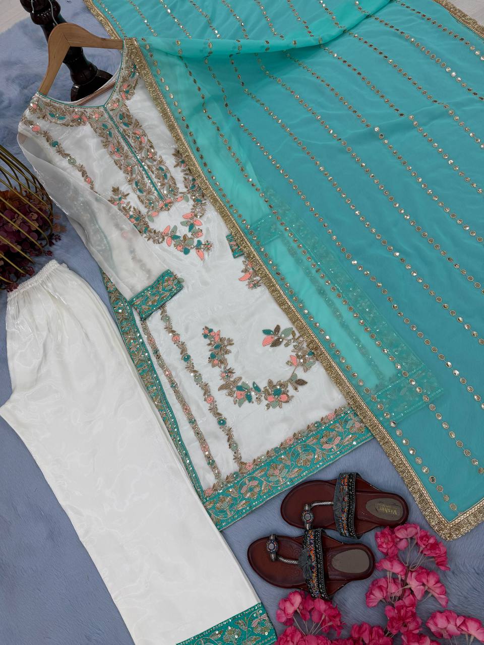 Vyomika Jimmy Choo Embroidered & Moti Work Kurti Plazzo Set with Dupatta