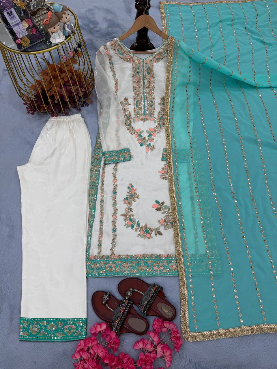 Vyomika Jimmy Choo Embroidered & Moti Work Kurti Plazzo Set with Dupatta