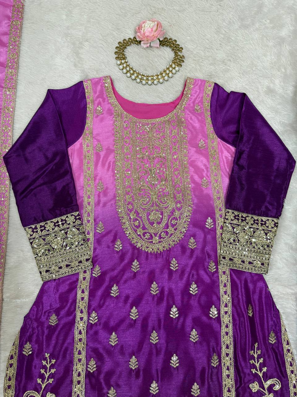 Anvika Chinon Silk Heavy Embroidery Kurti Palazzo Set with Dupatta