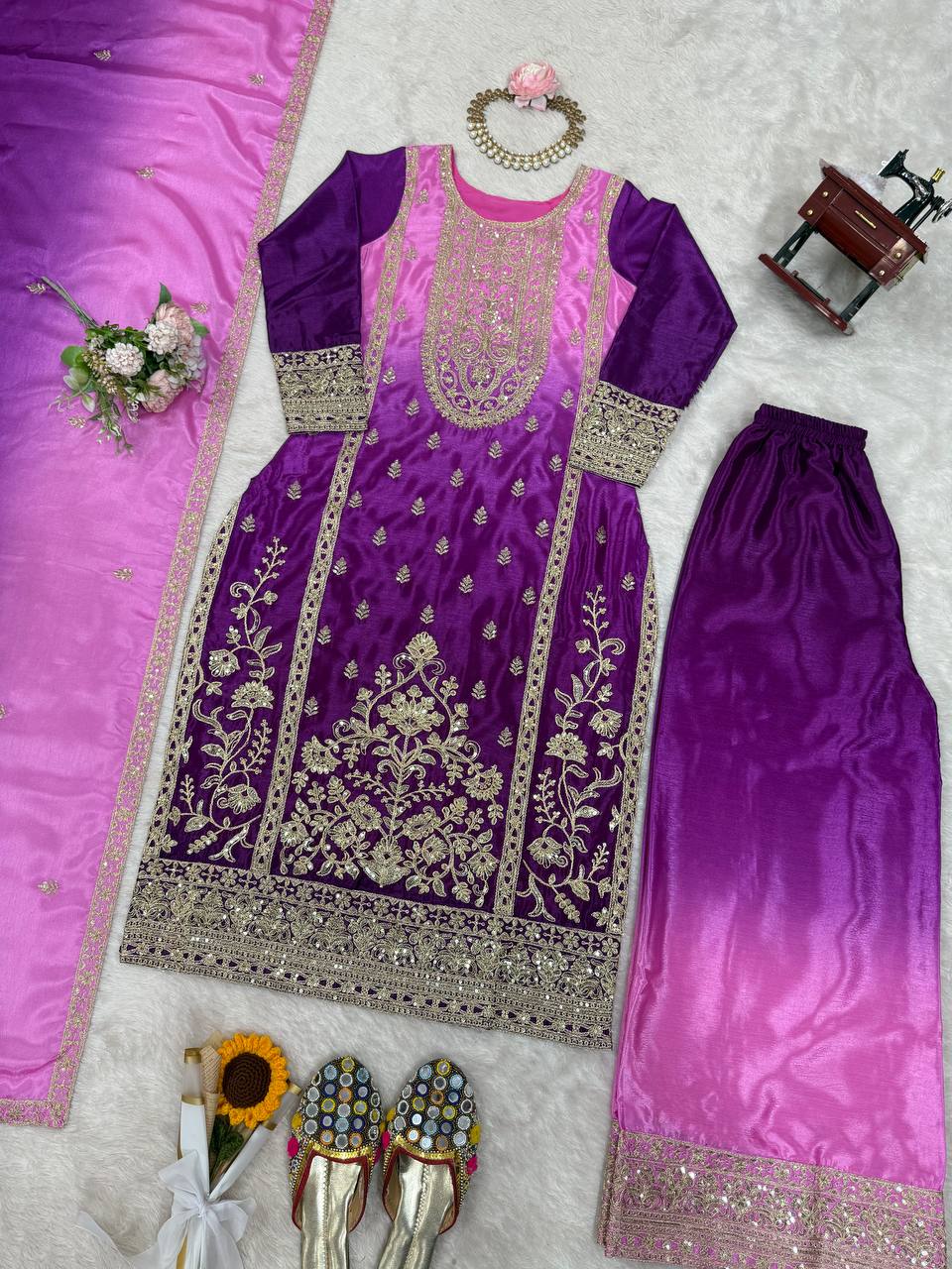 Anvika Chinon Silk Heavy Embroidery Kurti Palazzo Set with Dupatta