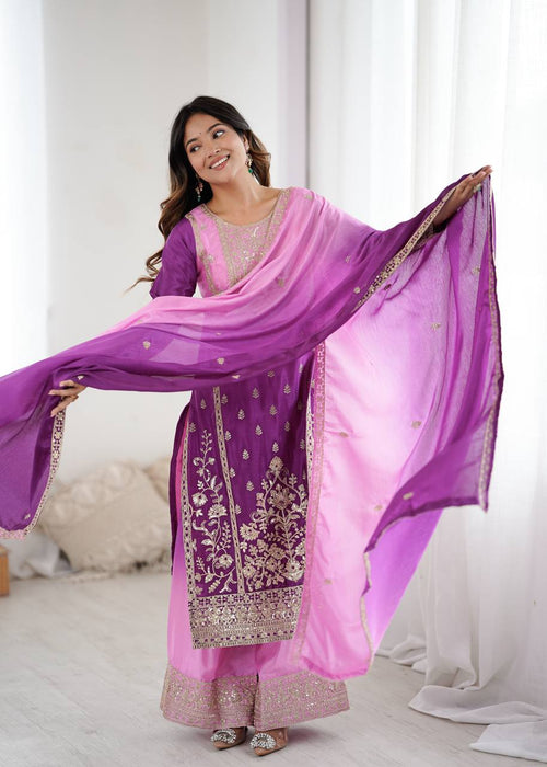 Anvika Chinon Silk Heavy Embroidery Kurti Palazzo Set with Dupatta