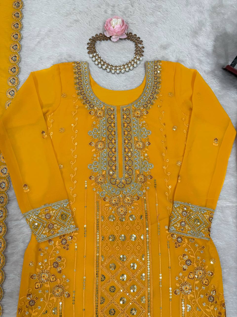 Iraaya Georgette Thread & Sequins Embroidered Kurti Plazzo Set with Dupatta