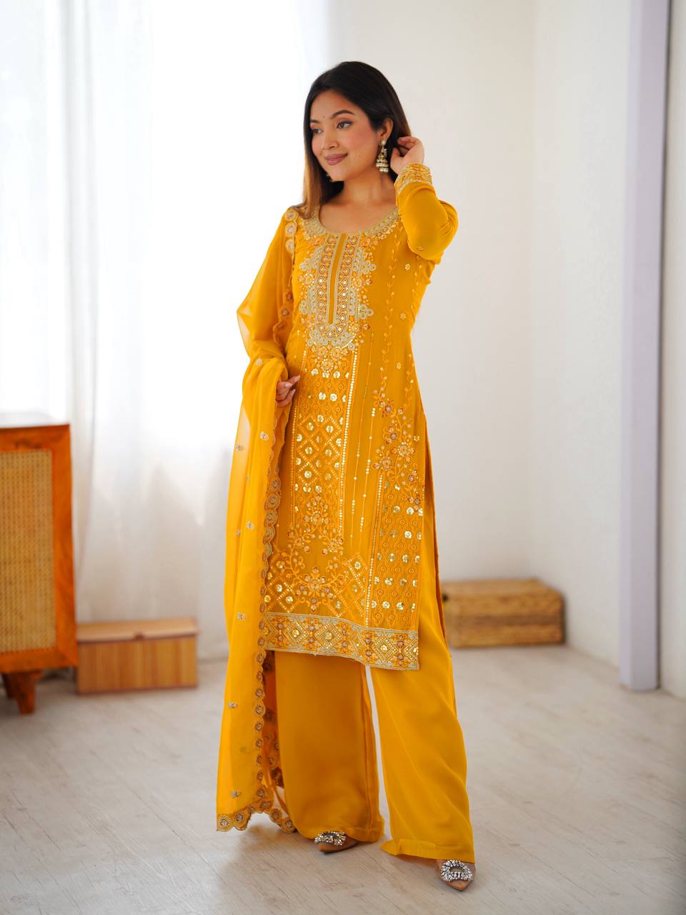 Iraaya Georgette Thread & Sequins Embroidered Kurti Plazzo Set with Dupatta