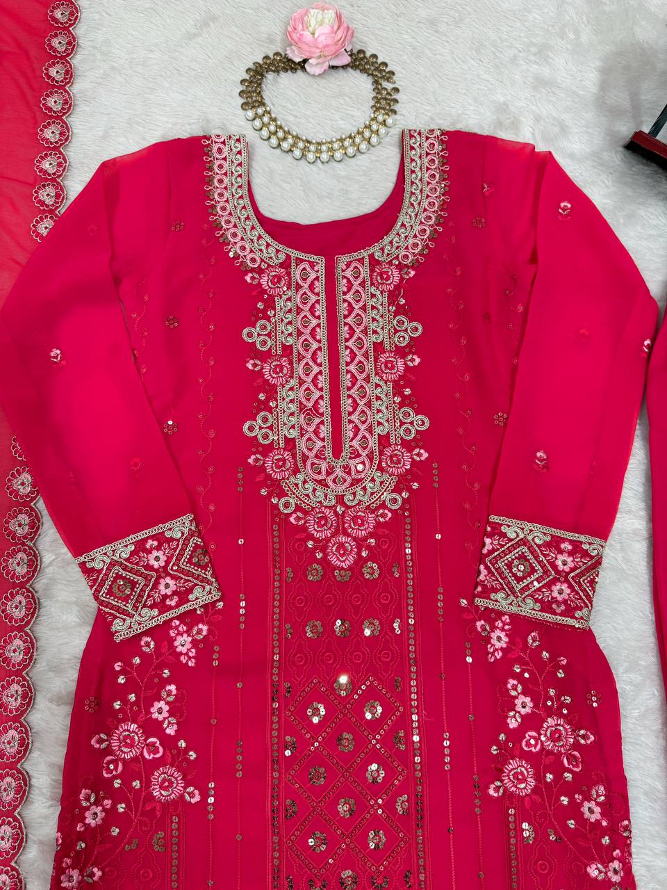 Iraaya Georgette Thread & Sequins Embroidered Kurti Plazzo Set with Dupatta