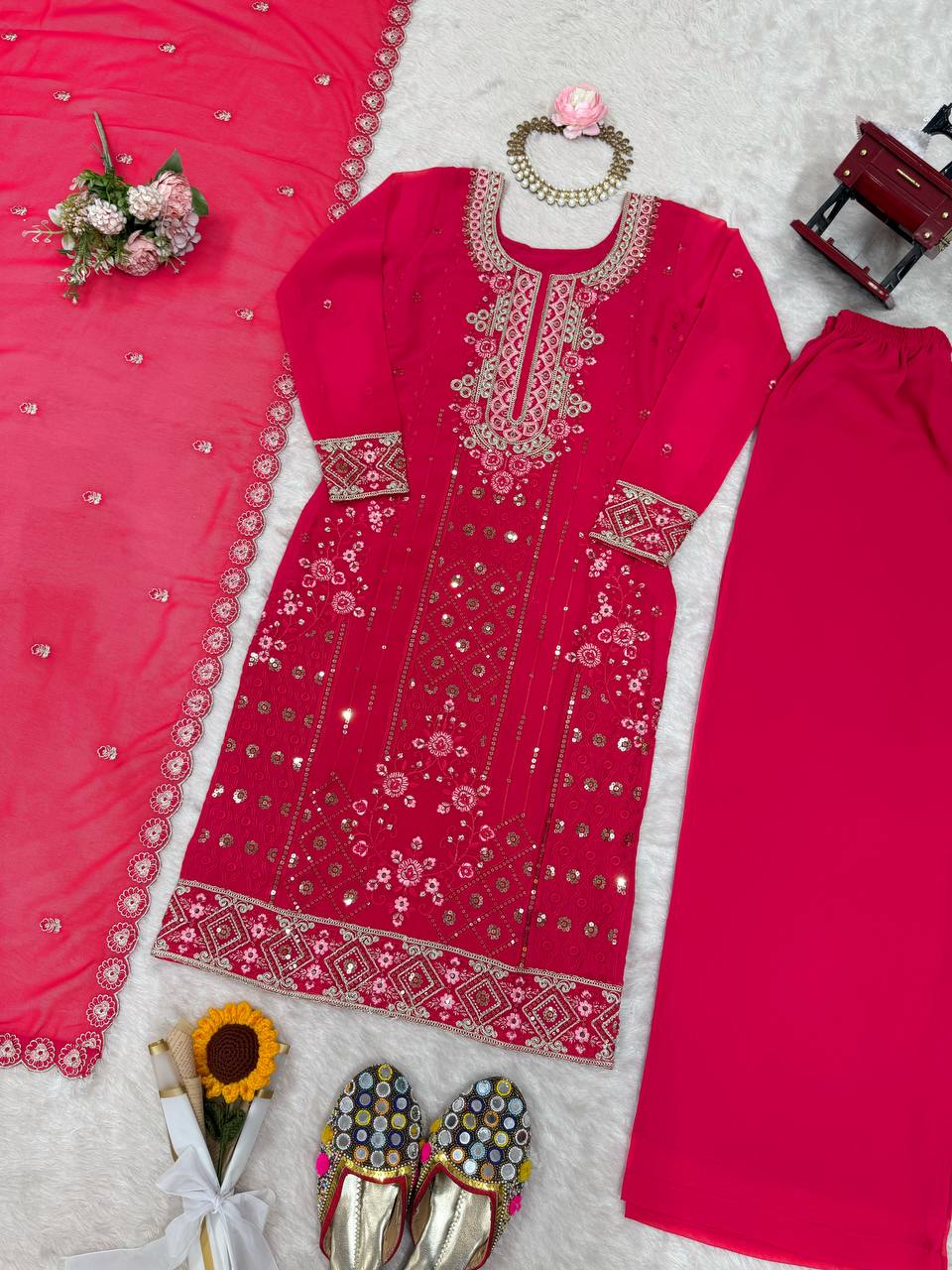 Iraaya Georgette Thread & Sequins Embroidered Kurti Plazzo Set with Dupatta