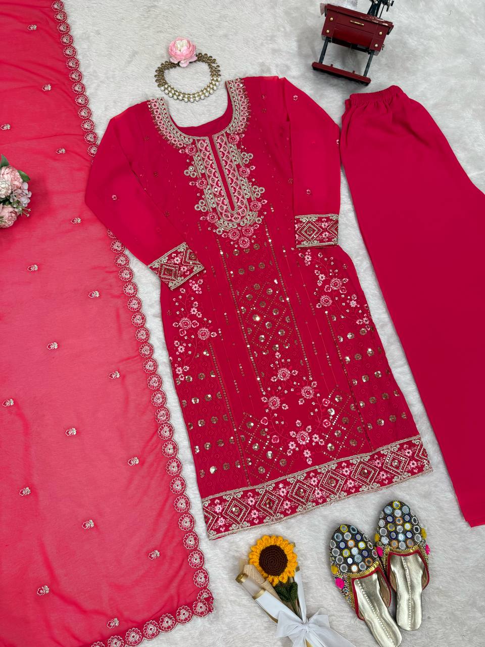 Iraaya Georgette Thread & Sequins Embroidered Kurti Plazzo Set with Dupatta