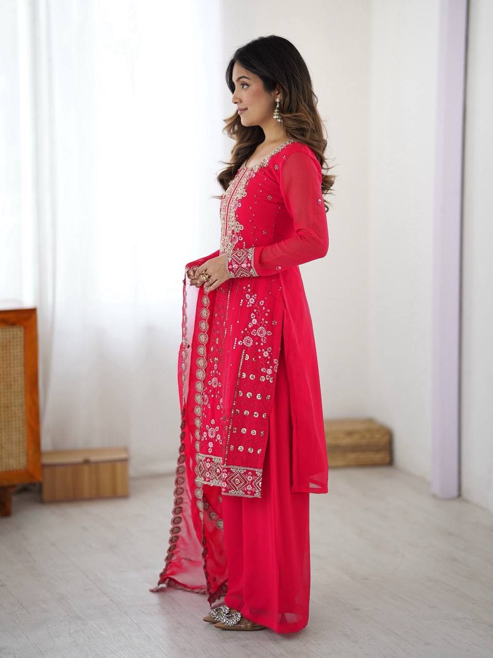 Iraaya Georgette Thread & Sequins Embroidered Kurti Plazzo Set with Dupatta