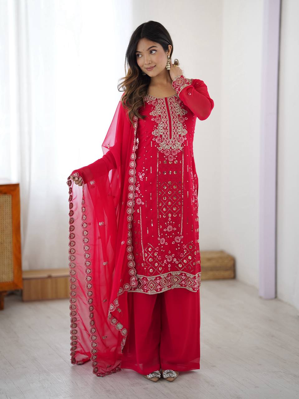 Iraaya Georgette Thread & Sequins Embroidered Kurti Plazzo Set with Dupatta