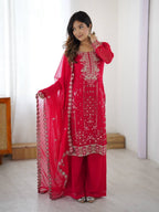 Iraaya Georgette Thread & Sequins Embroidered Kurti Plazzo Set with Dupatta