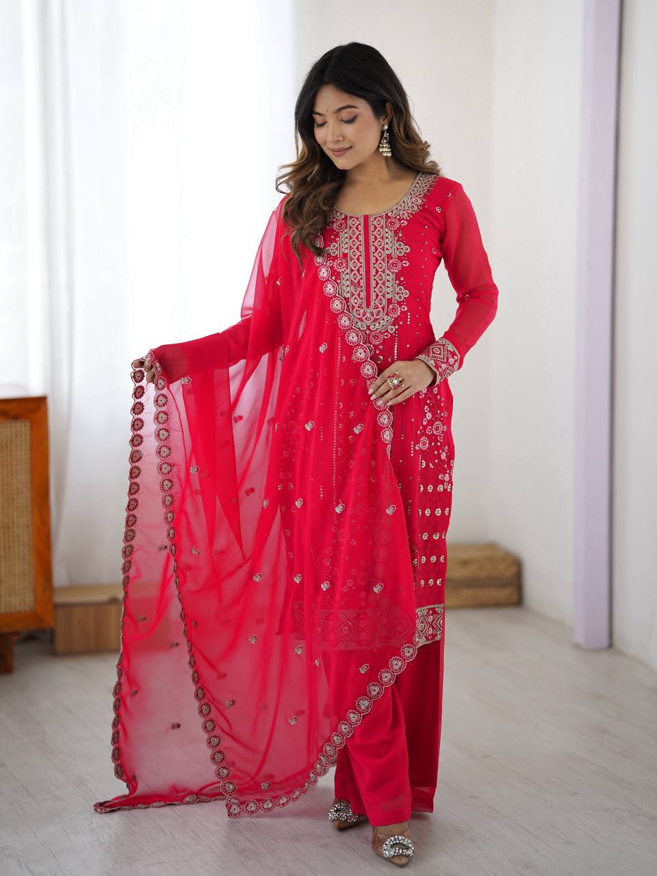 Iraaya Georgette Thread & Sequins Embroidered Kurti Plazzo Set with Dupatta
