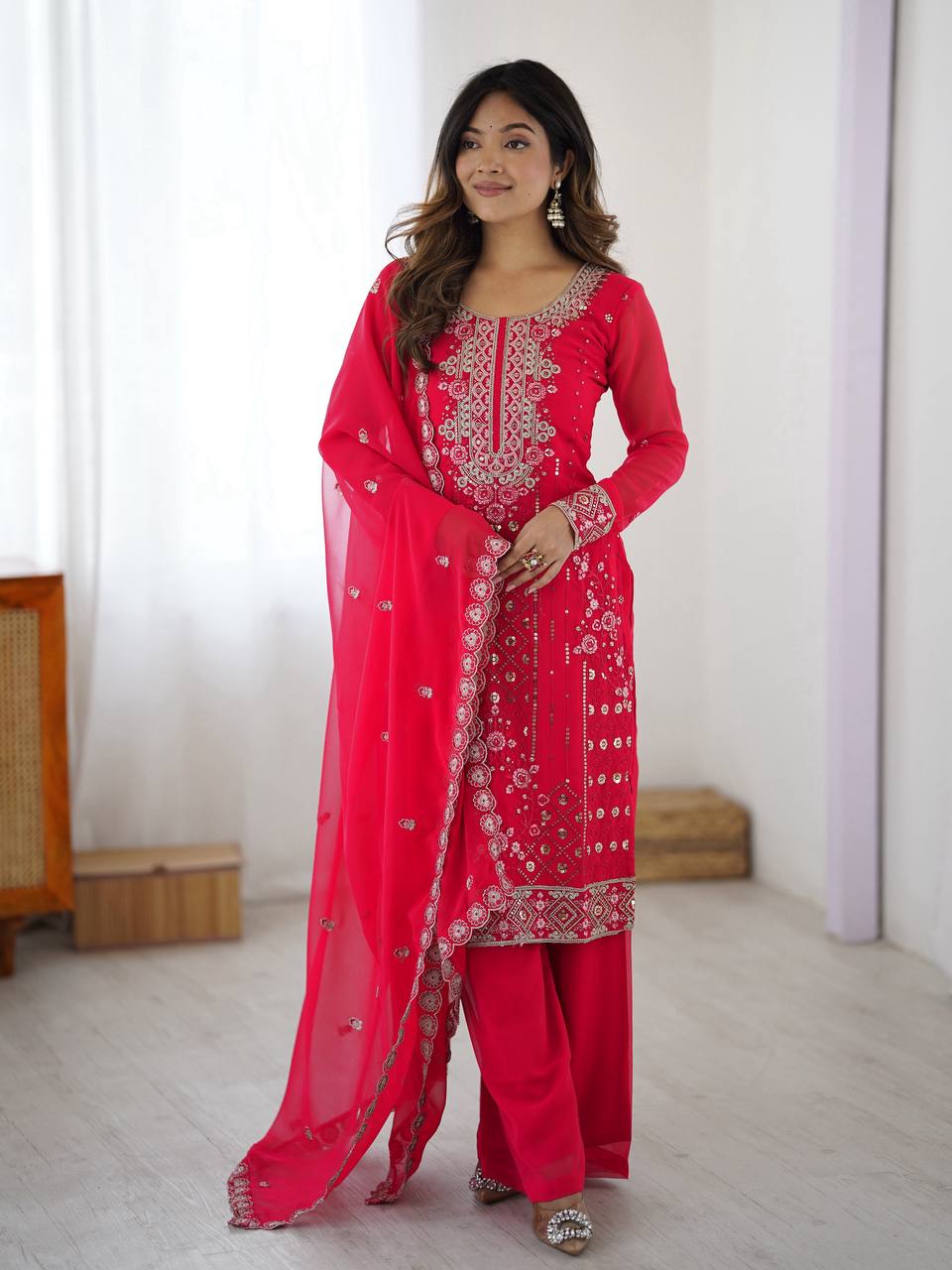 Iraaya Georgette Thread & Sequins Embroidered Kurti Plazzo Set with Dupatta