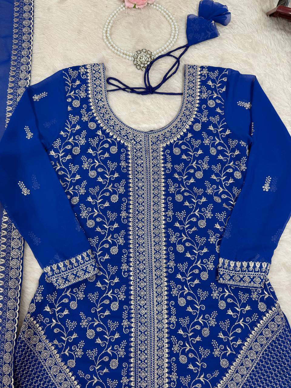 Vedanshi Premium Georgette Sequins & Thread Embroidered Kurti Plazzo Set