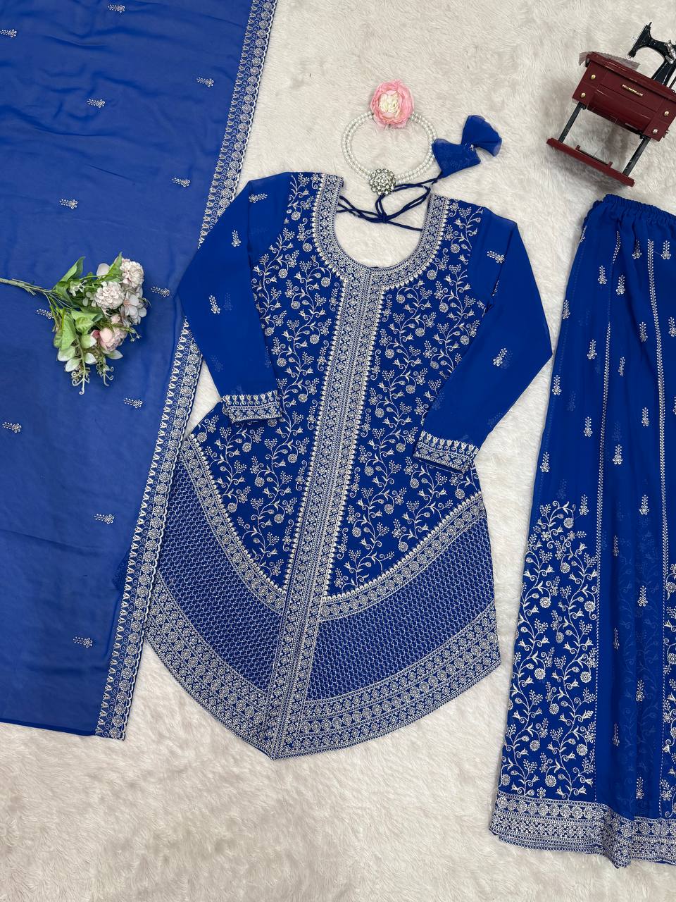 Vedanshi Premium Georgette Sequins & Thread Embroidered Kurti Plazzo Set