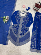 Vedanshi Premium Georgette Sequins & Thread Embroidered Kurti Plazzo Set