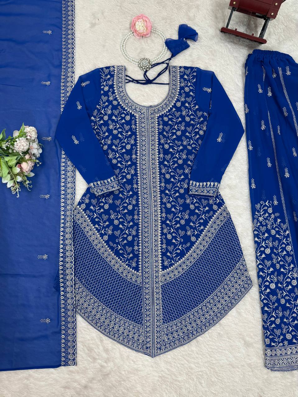 Vedanshi Premium Georgette Sequins & Thread Embroidered Kurti Plazzo Set