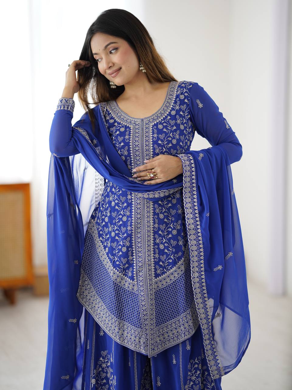 Vedanshi Premium Georgette Sequins & Thread Embroidered Kurti Plazzo Set