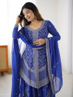 Vedanshi Premium Georgette Sequins & Thread Embroidered Kurti Plazzo Set