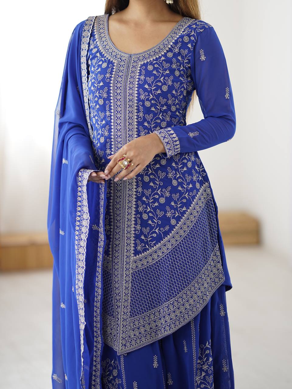 Vedanshi Premium Georgette Sequins & Thread Embroidered Kurti Plazzo Set