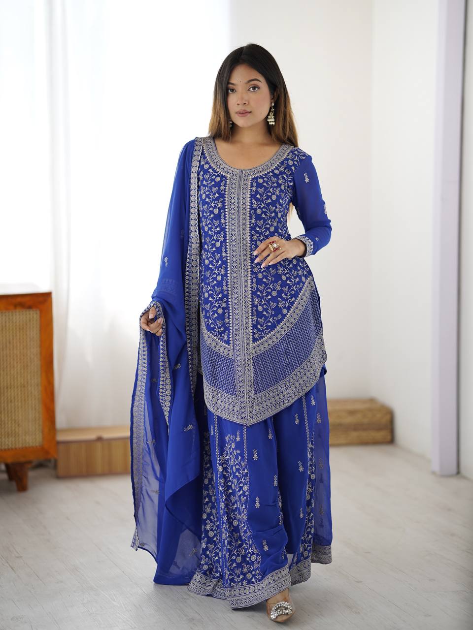 Vedanshi Premium Georgette Sequins & Thread Embroidered Kurti Plazzo Set