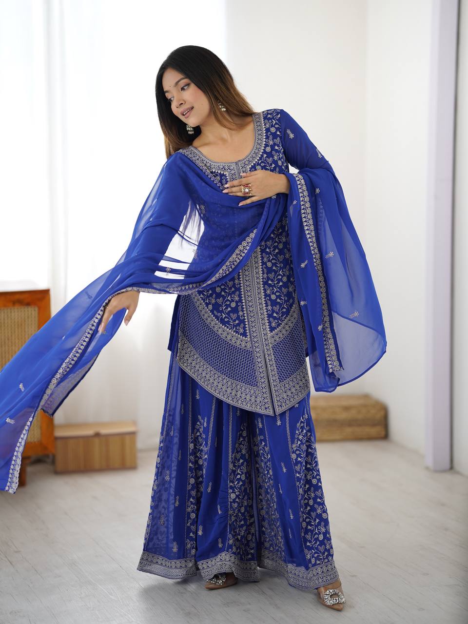 Vedanshi Premium Georgette Sequins & Thread Embroidered Kurti Plazzo Set