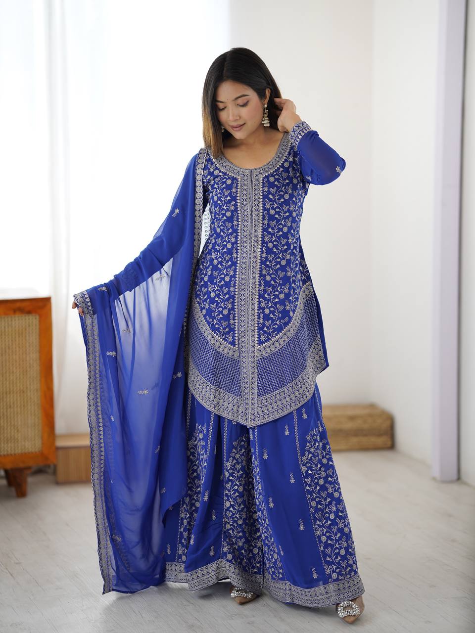 Vedanshi Premium Georgette Sequins & Thread Embroidered Kurti Plazzo Set