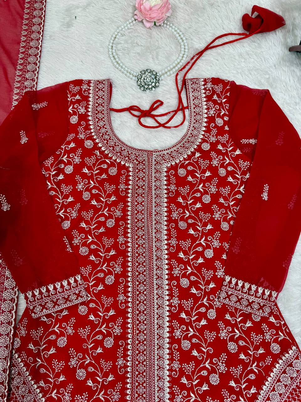 Vedanshi Premium Georgette Sequins & Thread Embroidered Kurti Plazzo Set
