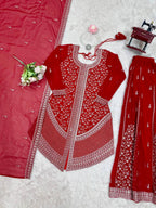 Vedanshi Premium Georgette Sequins & Thread Embroidered Kurti Plazzo Set