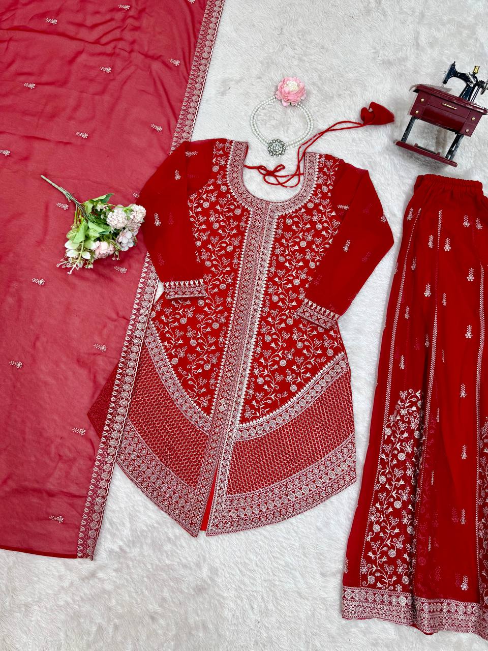 Vedanshi Premium Georgette Sequins & Thread Embroidered Kurti Plazzo Set