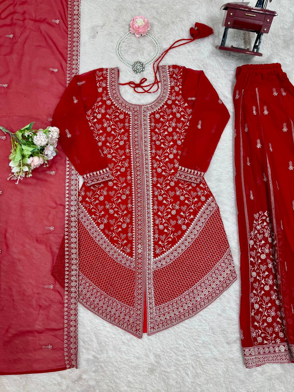Vedanshi Premium Georgette Sequins & Thread Embroidered Kurti Plazzo Set