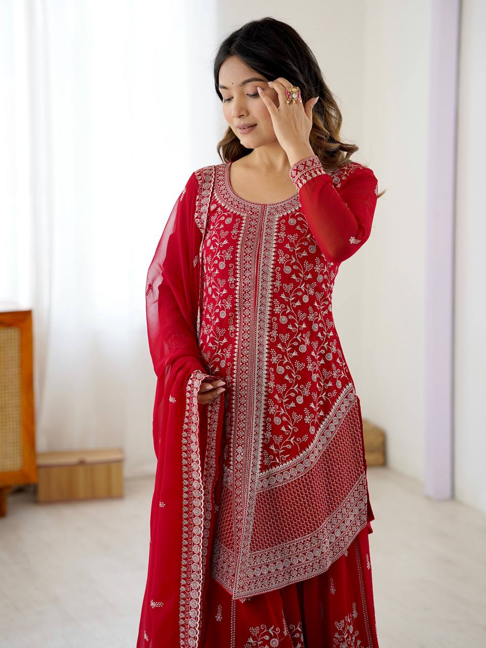 Vedanshi Premium Georgette Sequins & Thread Embroidered Kurti Plazzo Set