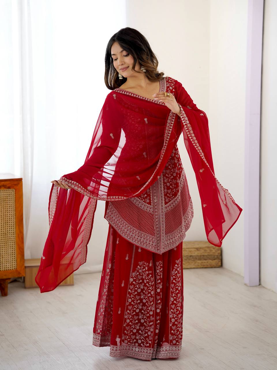 Vedanshi Premium Georgette Sequins & Thread Embroidered Kurti Plazzo Set