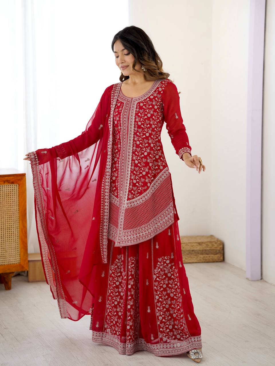 Vedanshi Premium Georgette Sequins & Thread Embroidered Kurti Plazzo Set