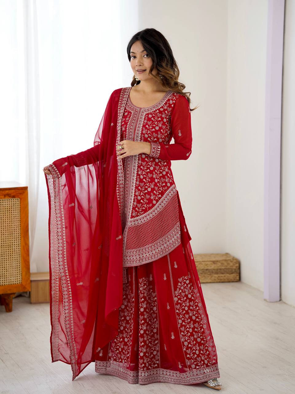 Vedanshi Premium Georgette Sequins & Thread Embroidered Kurti Plazzo Set