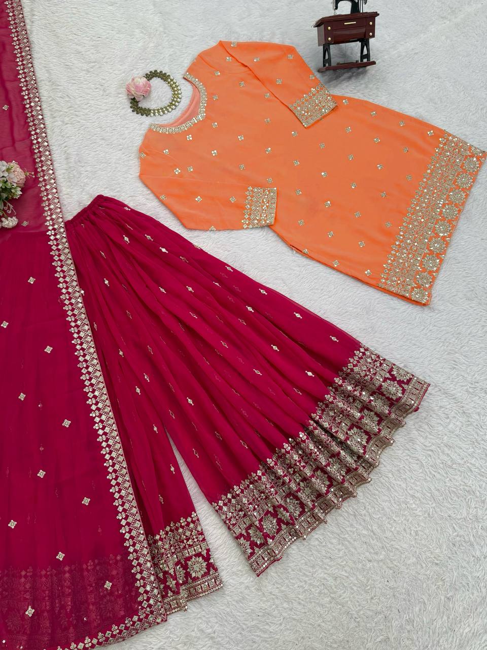 Adhira Georgette Sequins Embroidered Kurti Plazzo Set with Dupatta