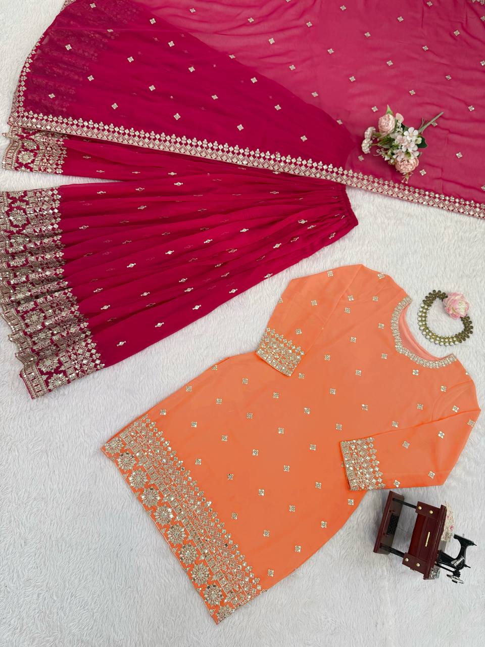 Adhira Georgette Sequins Embroidered Kurti Plazzo Set with Dupatta