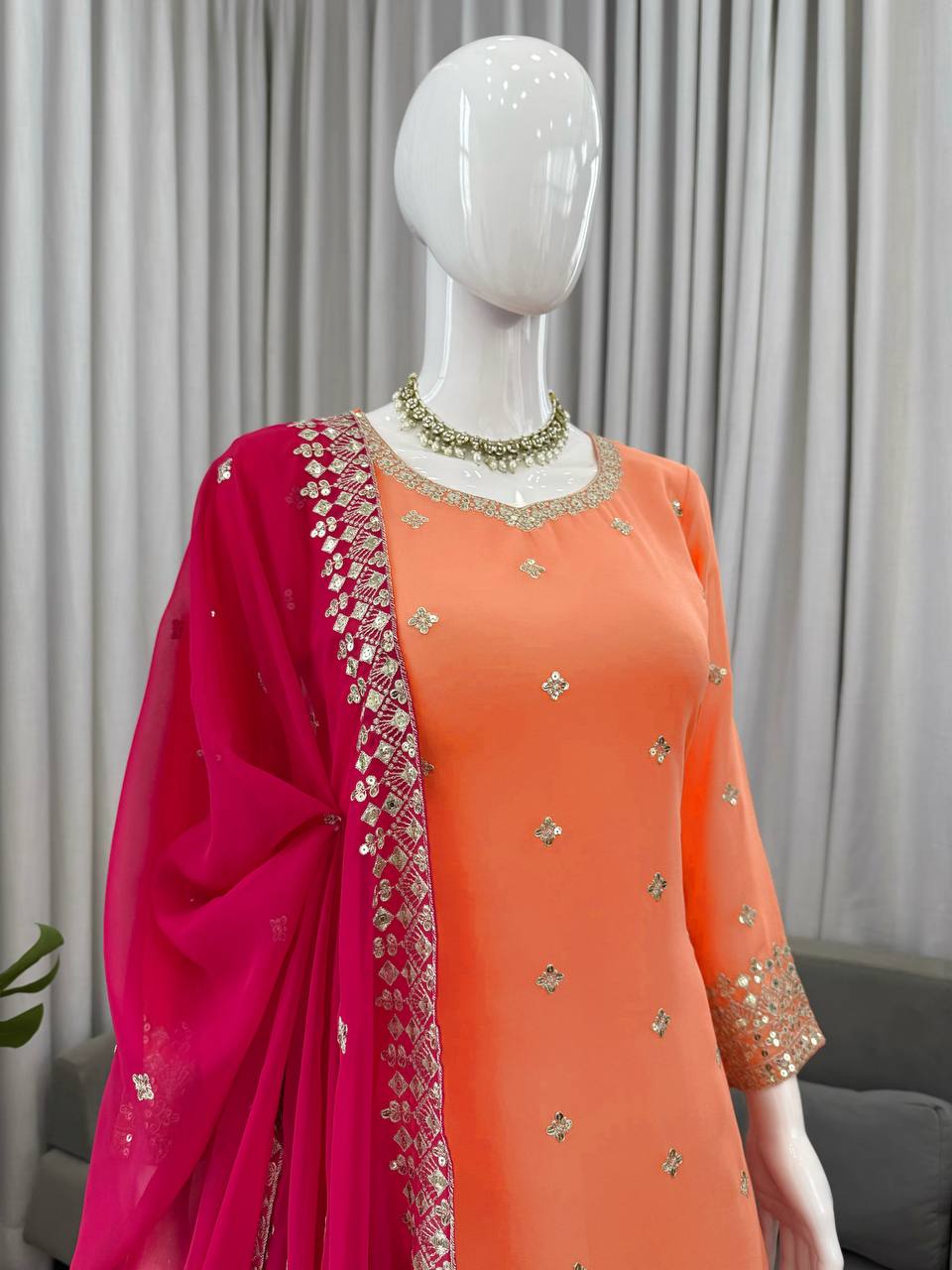 Adhira Georgette Sequins Embroidered Kurti Plazzo Set with Dupatta