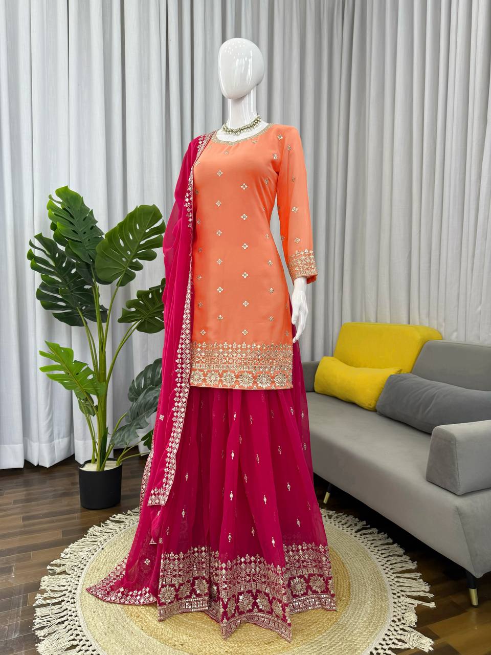 Adhira Georgette Sequins Embroidered Kurti Plazzo Set with Dupatta