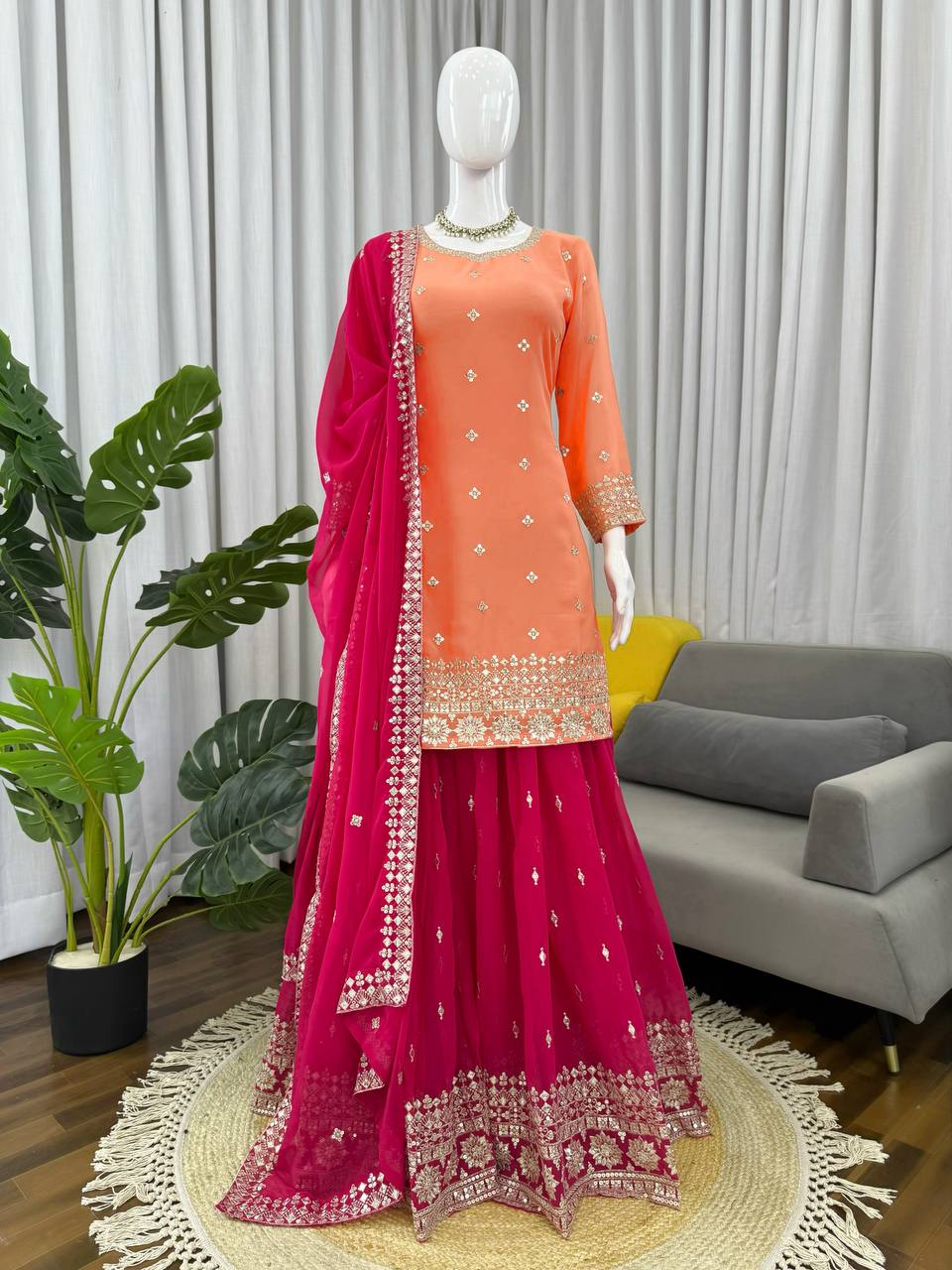 Adhira Georgette Sequins Embroidered Kurti Plazzo Set with Dupatta