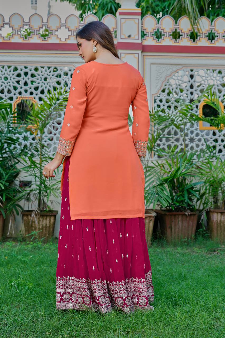 Adhira Georgette Sequins Embroidered Kurti Plazzo Set with Dupatta