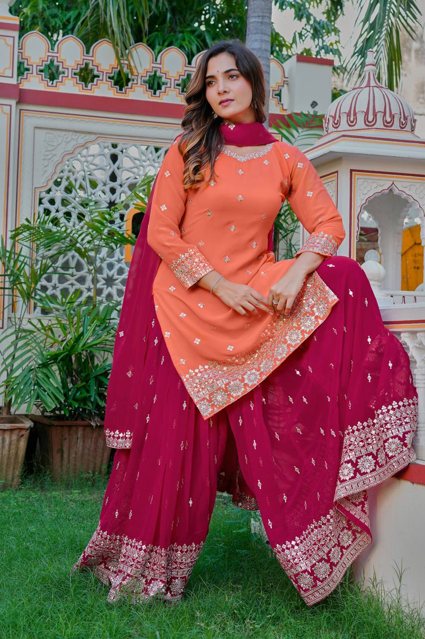 Adhira Georgette Sequins Embroidered Kurti Plazzo Set with Dupatta
