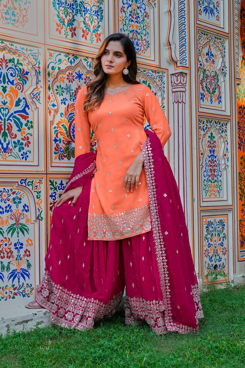 Adhira Georgette Sequins Embroidered Kurti Plazzo Set with Dupatta