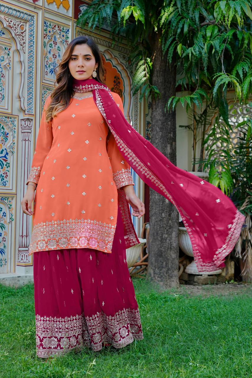 Adhira Georgette Sequins Embroidered Kurti Plazzo Set with Dupatta