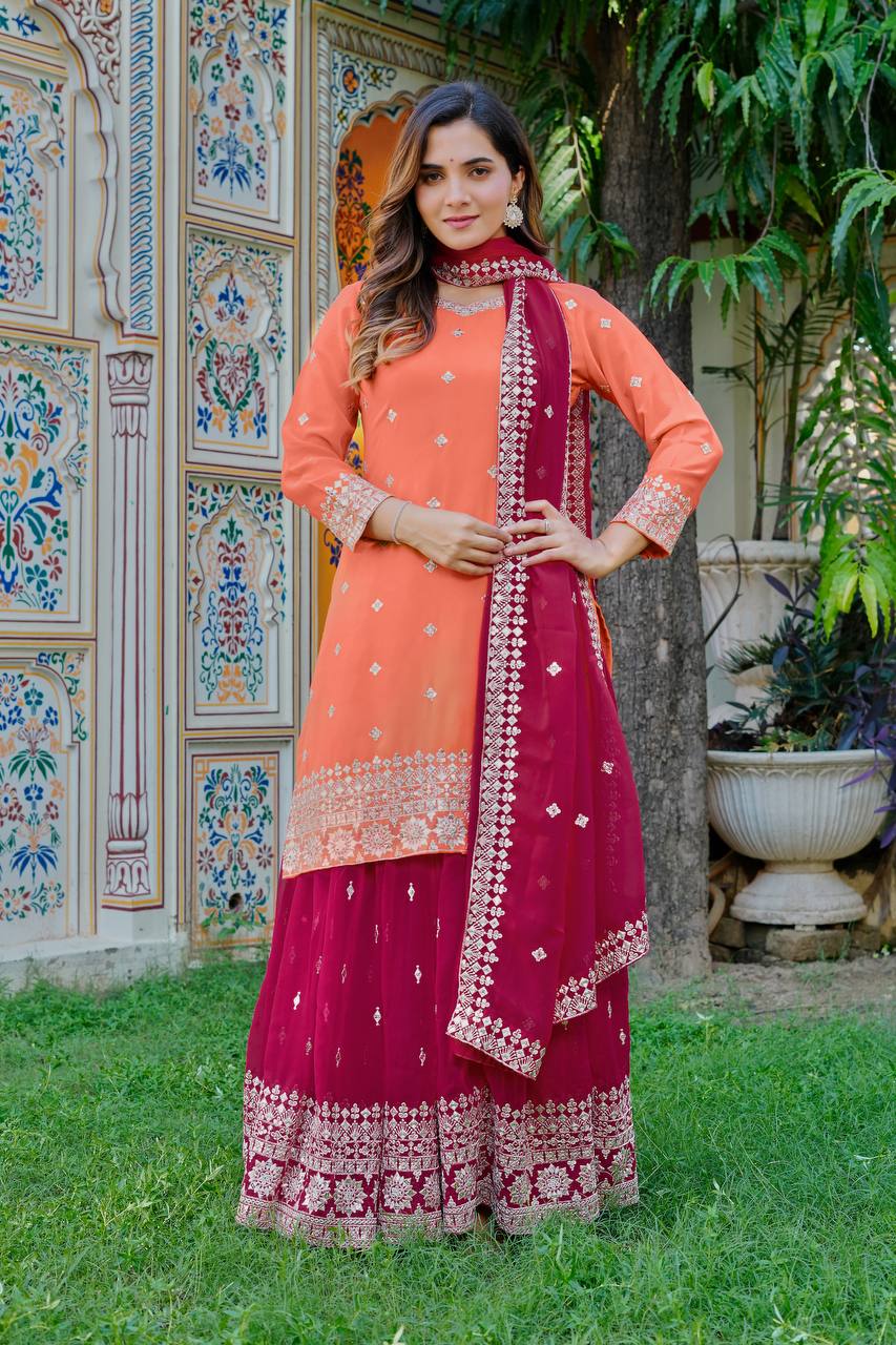 Adhira Georgette Sequins Embroidered Kurti Plazzo Set with Dupatta