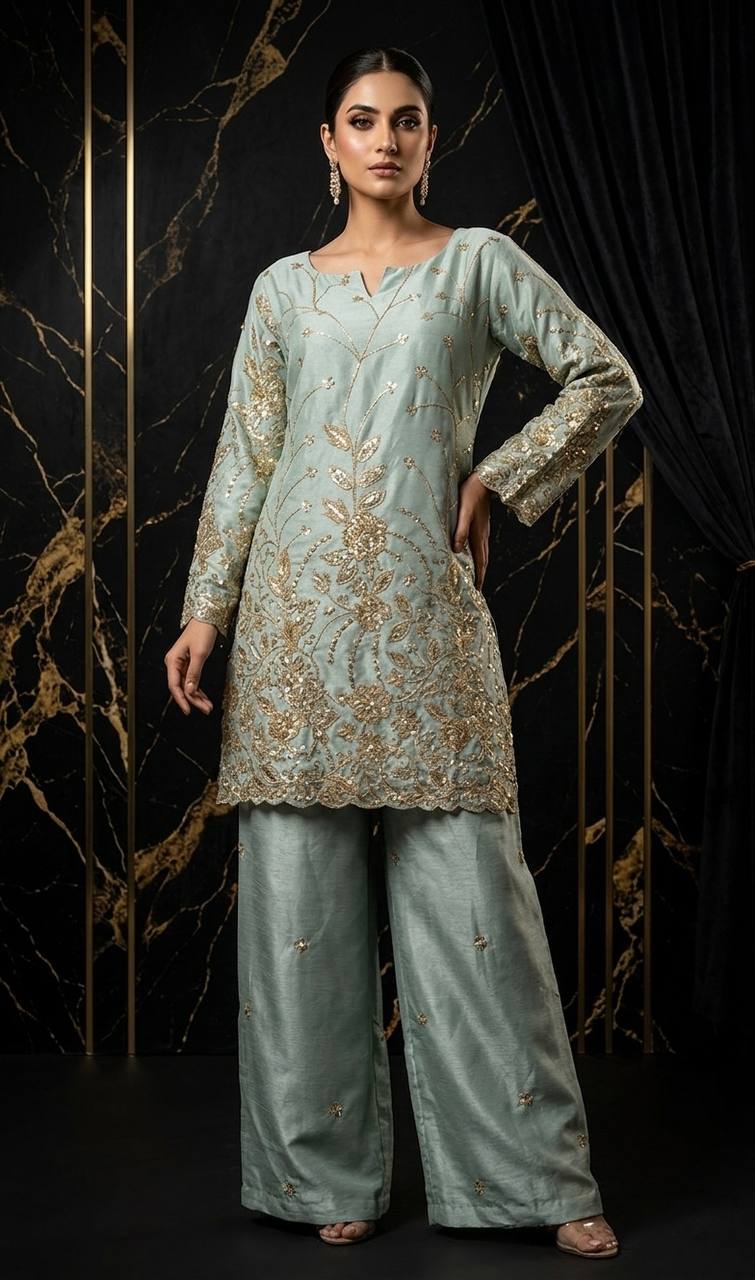 Samaira Chinon Silk Embroidered Kurti Palazzo Set