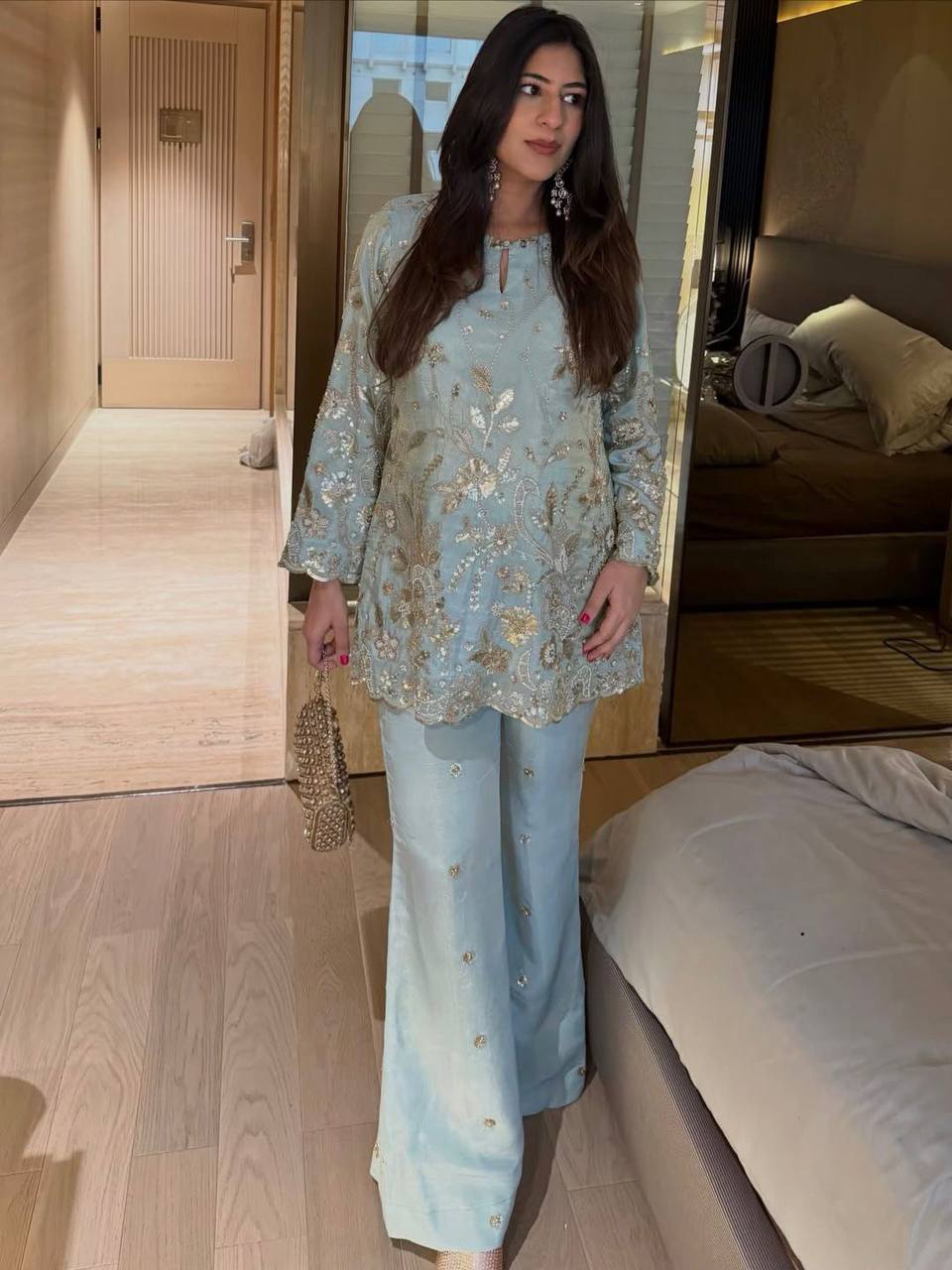 Samaira Chinon Silk Embroidered Kurti Palazzo Set