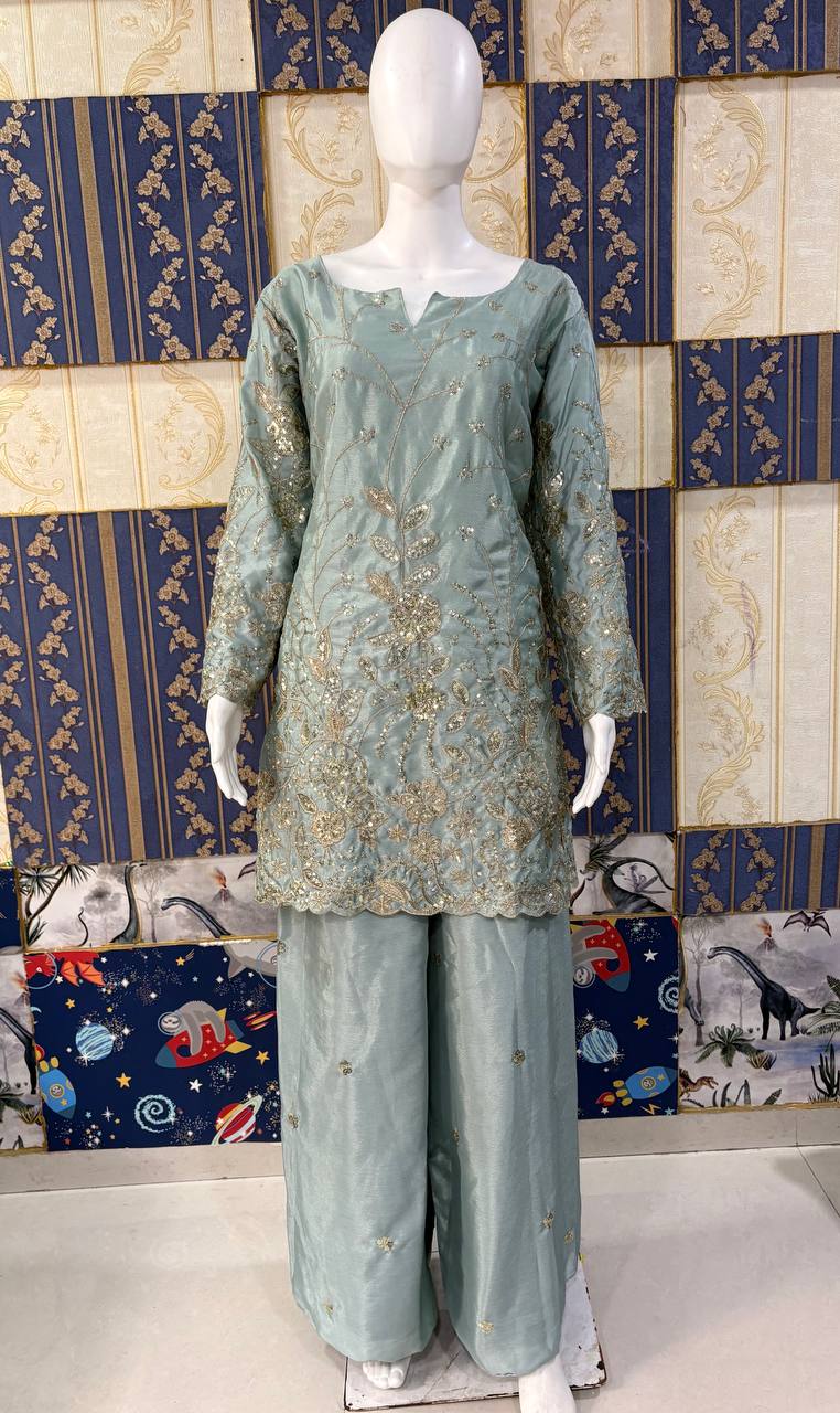 Samaira Chinon Silk Embroidered Kurti Palazzo Set