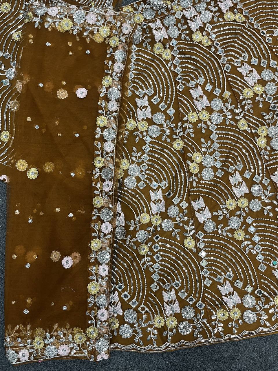 Vaamika Butterfly Net Mirror Work Lehenga Stitched Blouse & Dupatta