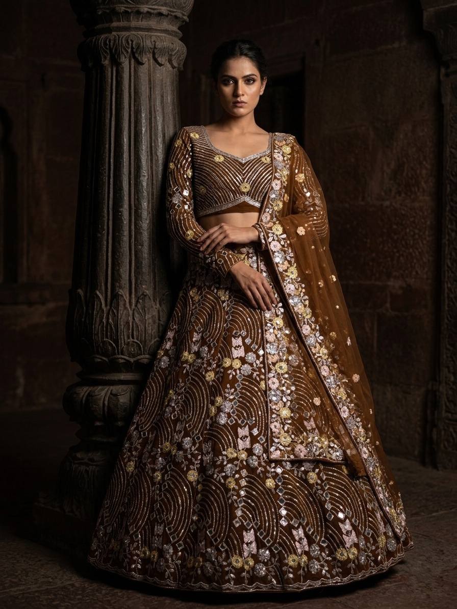 Vaamika Butterfly Net Mirror Work Lehenga Stitched Blouse & Dupatta