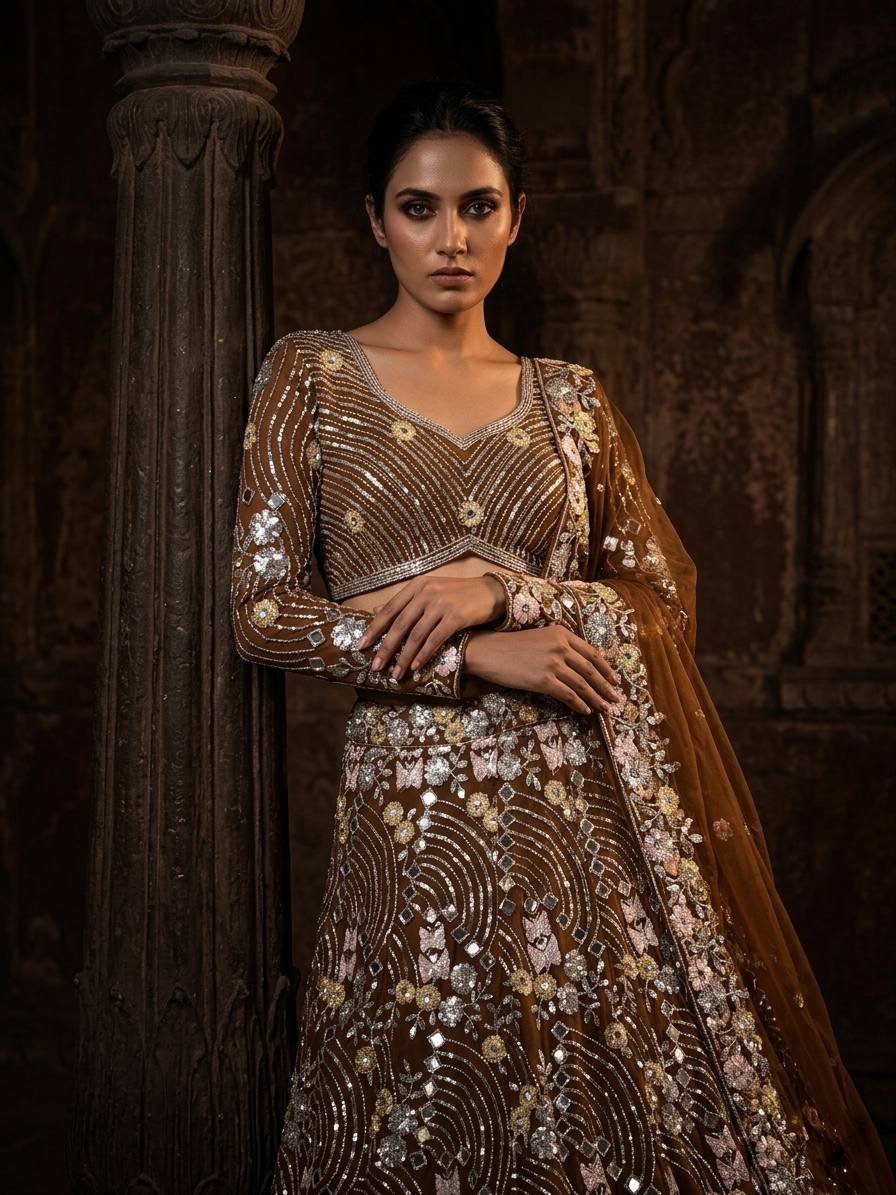 Vaamika Butterfly Net Mirror Work Lehenga Stitched Blouse & Dupatta