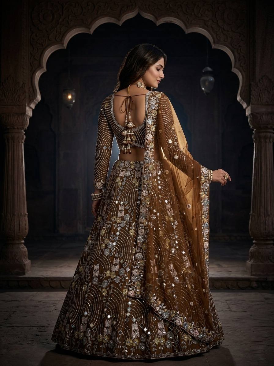 Vaamika Butterfly Net Mirror Work Lehenga Stitched Blouse & Dupatta